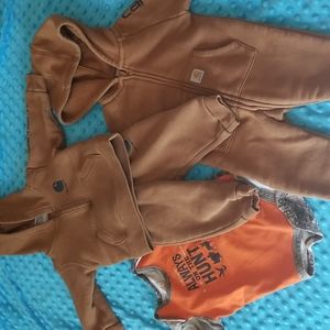 Sz 3 month carhartt bundle of winter outfits, Hoodie, joggers, onesie one piece